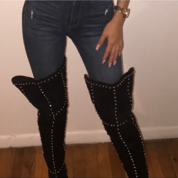 Black Diamond Studded Thigh High Heel 